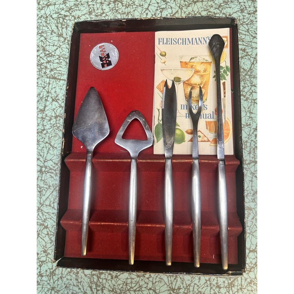 Vintage Kalmar Italy Stainless Steel 5 Pc Barware Set w/ Original Box MCM